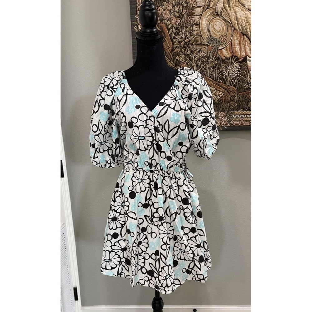 Zara Dress Womens XL White Black Floral Wrap Puff Sleeve Mini Fit Flare